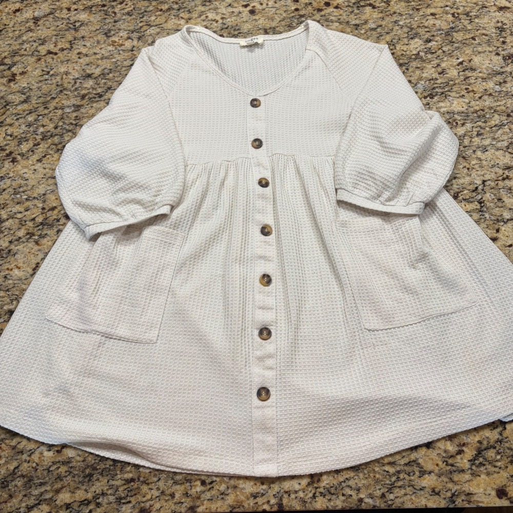 Umgee USA Waffle Knit Babydoll Tunic Top Cream Button Down Pockets Small Boho